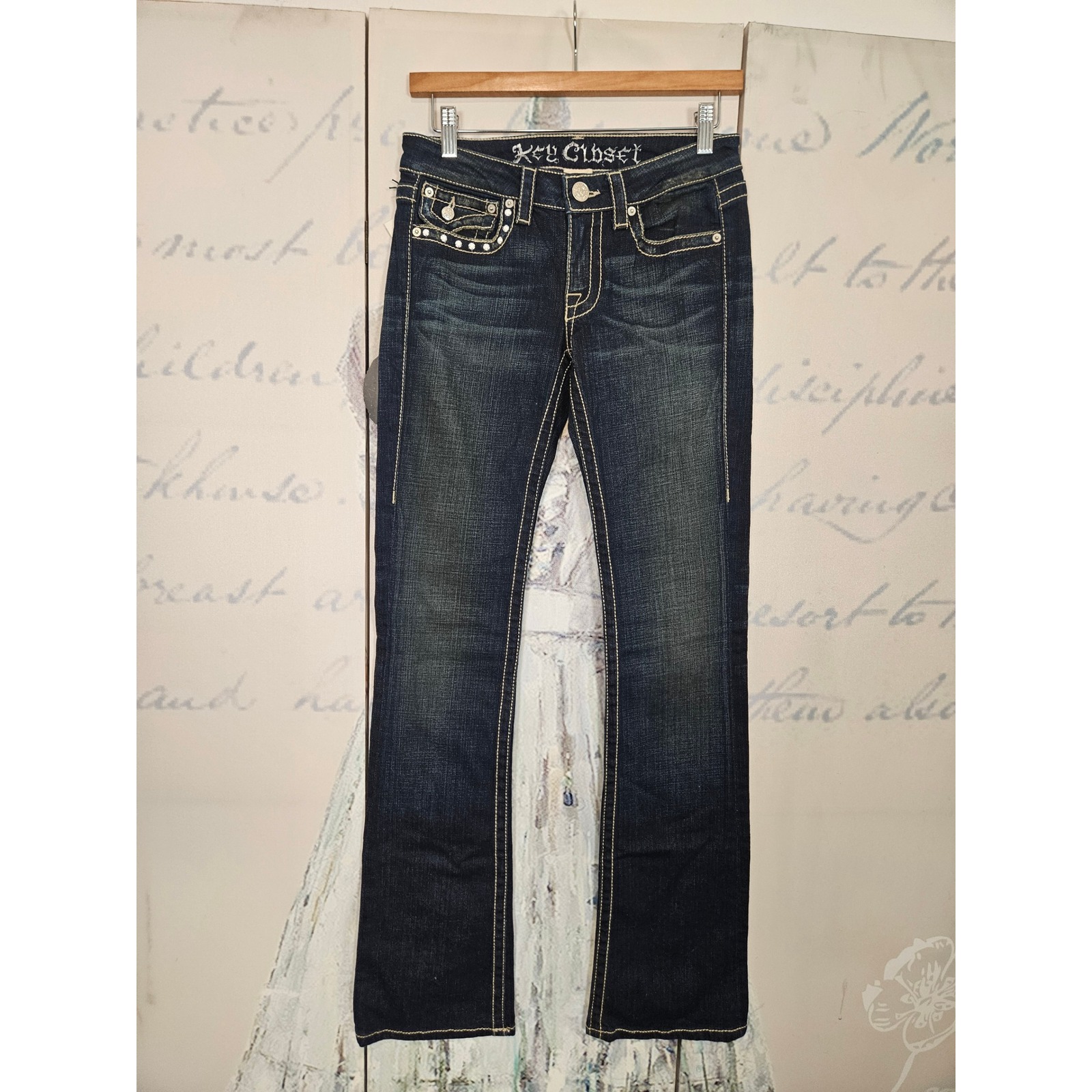 Key Closet Dark Wash Embellished Bootcut Jeans 26 Embroidered Studded Made Usa